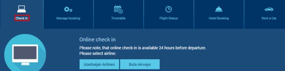 A screenshot of Azerbaijan Airlines online check-in functionality