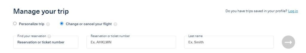 A screenshot of the Manage your trip screen for making flight changes online at Aeromexico