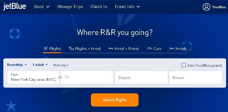 A screenshot of JetBlue online flight booking page