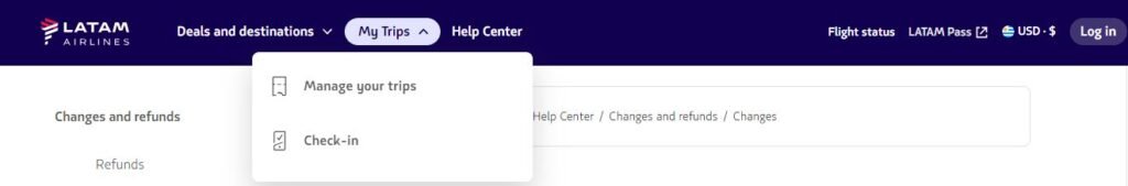 A screenshot of LATAM’s My Trips option used to make flight changes online