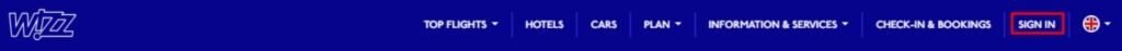 Wizz Air’s Sign In menu option