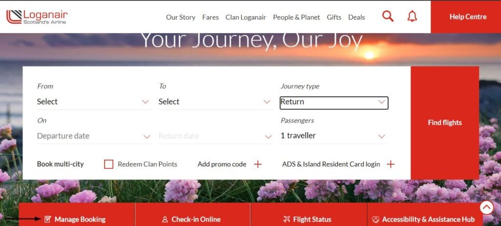 A screenshot of Loganair Manage Booking link on the airline’s homepage.