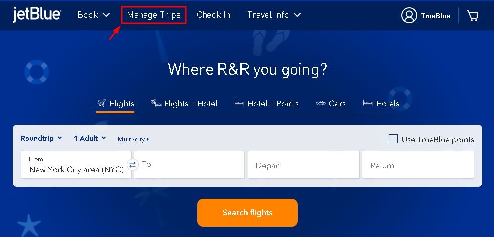 A screenshot of the Manage Trips option used for cancelling a JetBlue flight