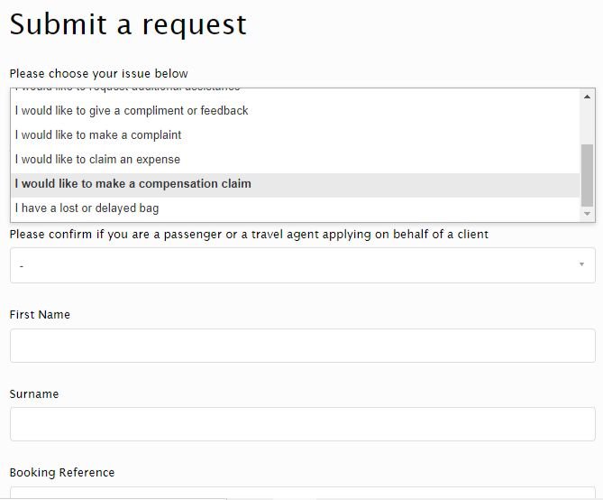 A screenshot of Loganair’s Compensation Request Form. Source: Loganair.co.uk